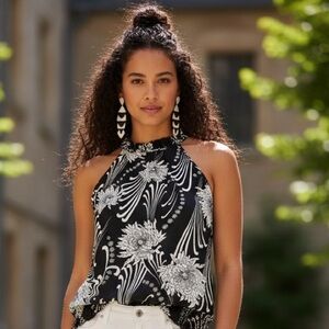 Vintage Boho Black and White High Neck/Smocked Hemline Blouse - Size M